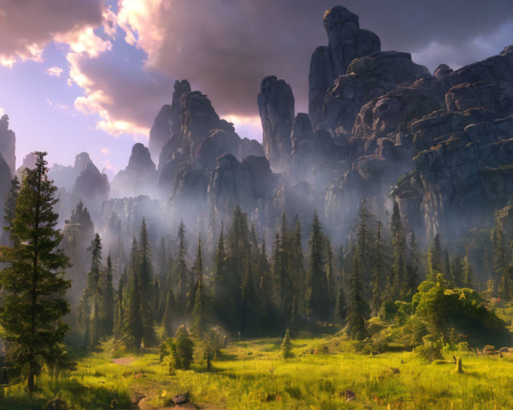 Misty forest with majestic mountain spires in warm sunlight