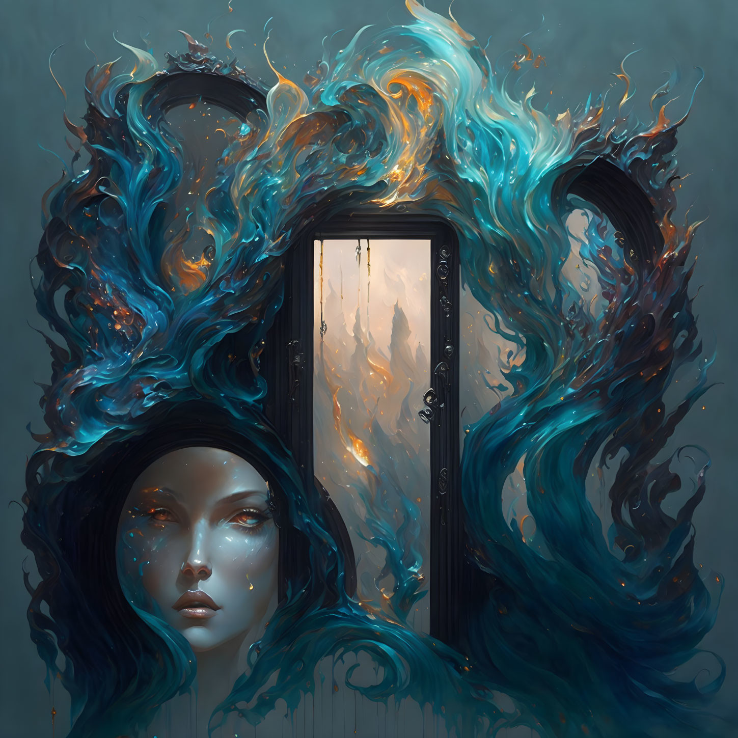 Mystical artwork of woman with flowing hair and fiery aquatic elements