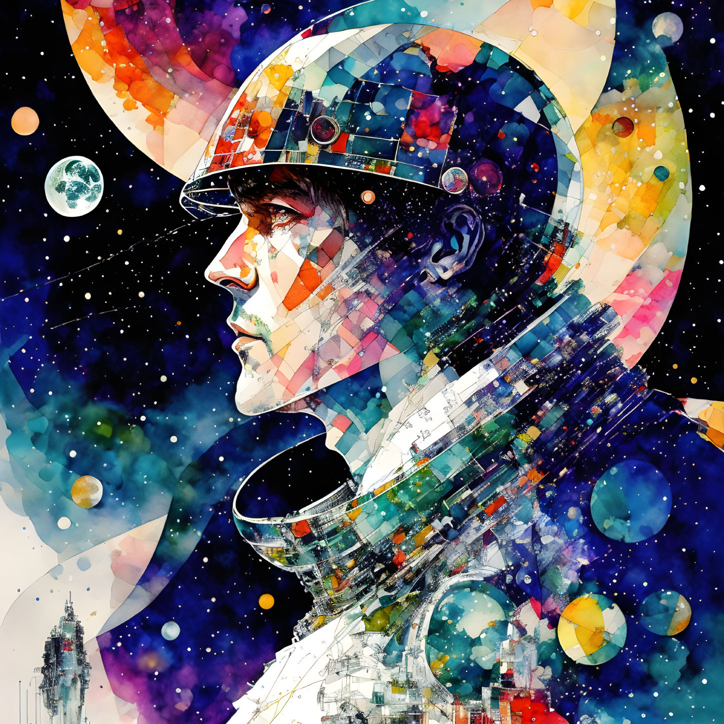 Abstract Watercolor Painting: Astronaut in Cosmic Scene