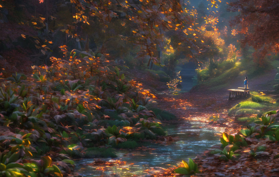 Tranquil autumn landscape with sunlit path, stream, foliage, and person