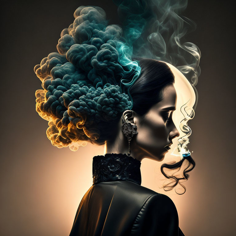Profile of woman with ornate smoke hairstyle on warm background