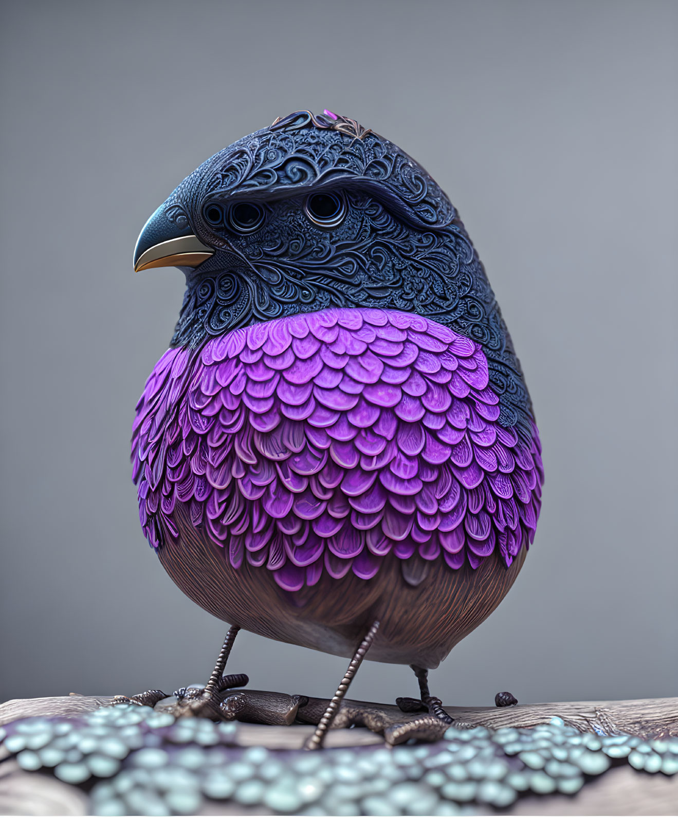 Vibrant Purple Bird with Intricate Patterns on Wooden Surface