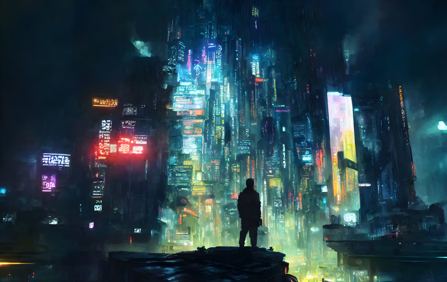 Solitary figure in front of neon-lit futuristic cityscape at night