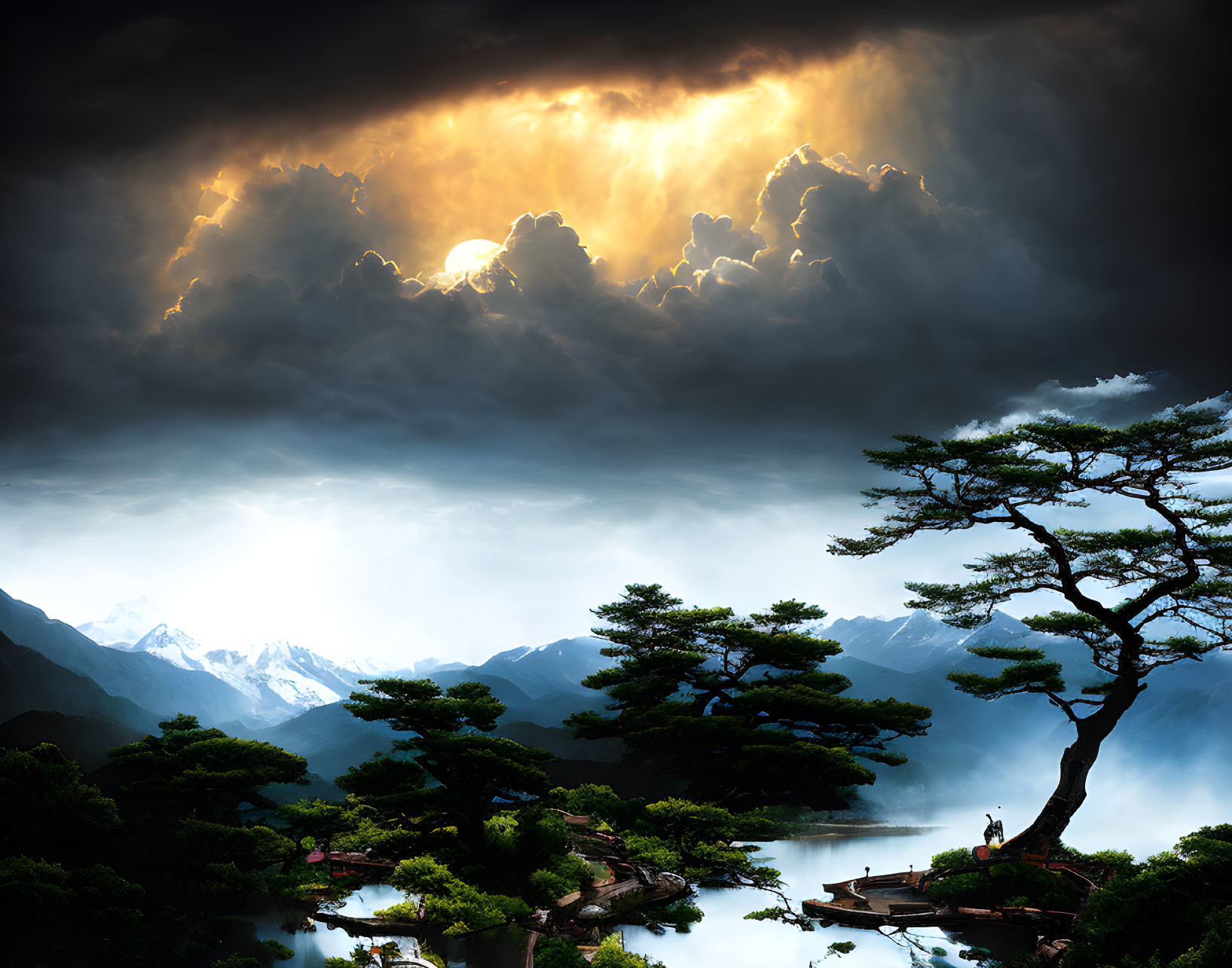 Majestic landscape with dramatic clouds, sunbeams, trees, waters, and mountains