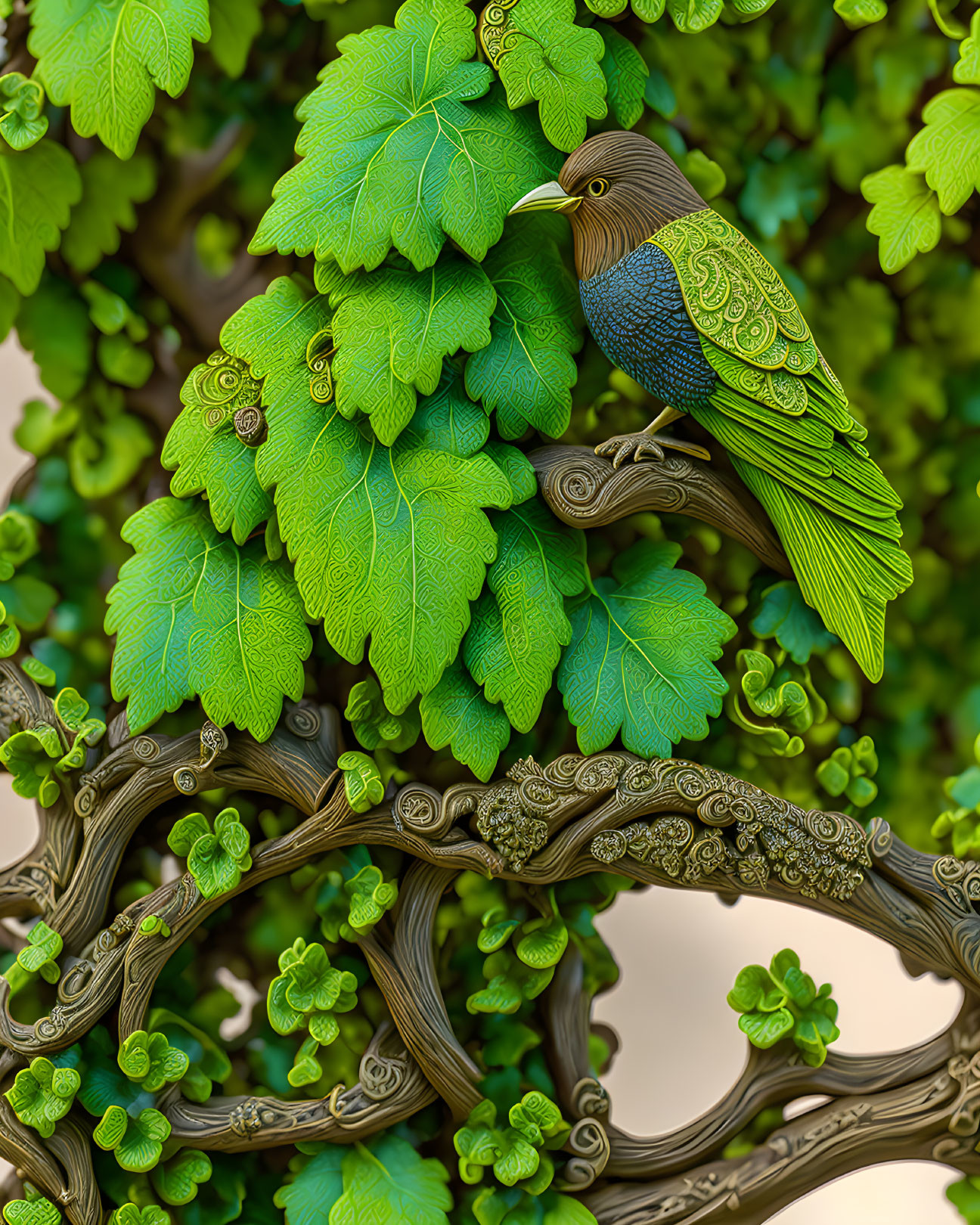 Detailed digital artwork: Stylized bird perched on ornate tree branches