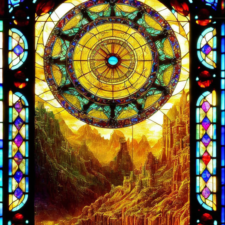 Circular Design Stained Glass Window Over Fantasy Landscape