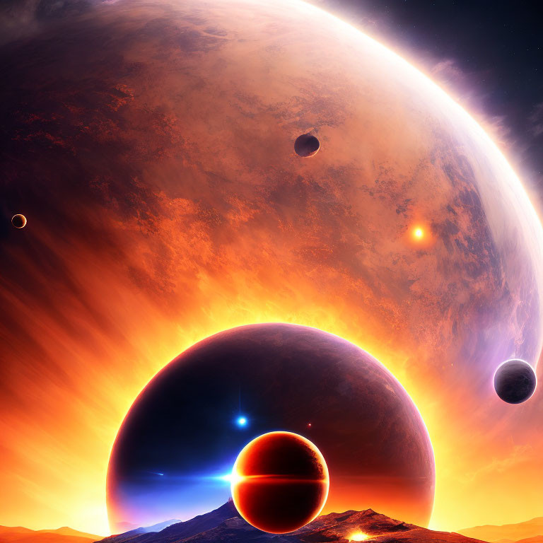 Multiple planets and moons in a vibrant space scene with a large sunlit planet and a smaller glowing celestial