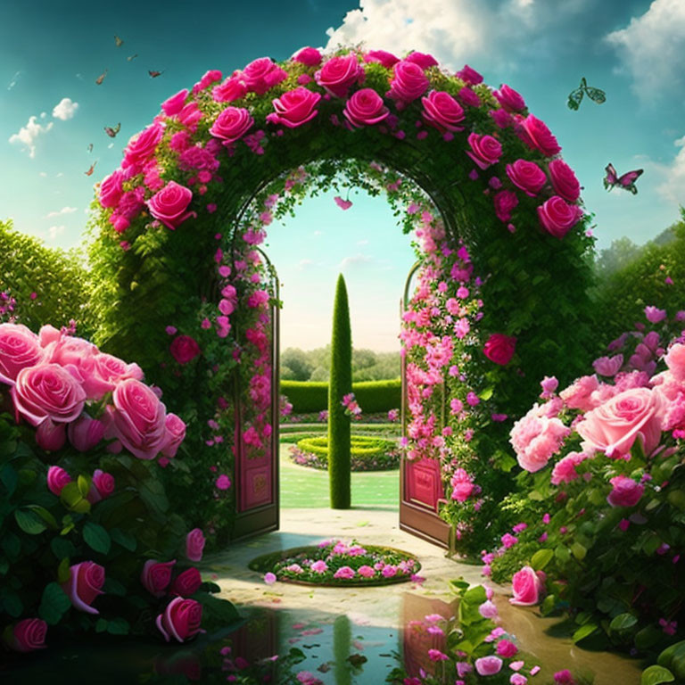 Garden archway with pink roses, lush path, trimmed hedge, butterflies under clear sky