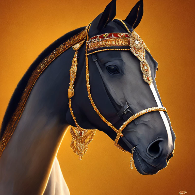 Majestic horse with ornate golden jewelry on warm background