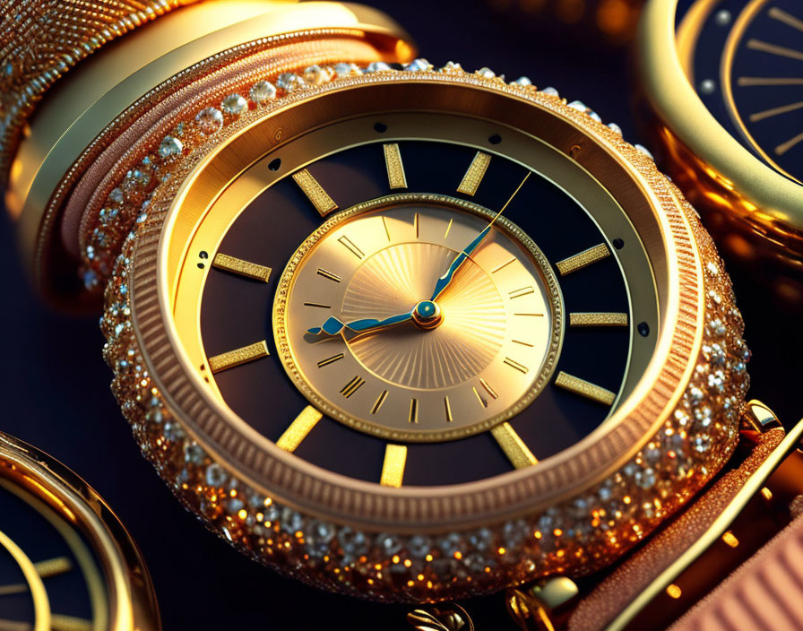 Exquisite Diamond-Adorned Golden Watches with Glowing Hands