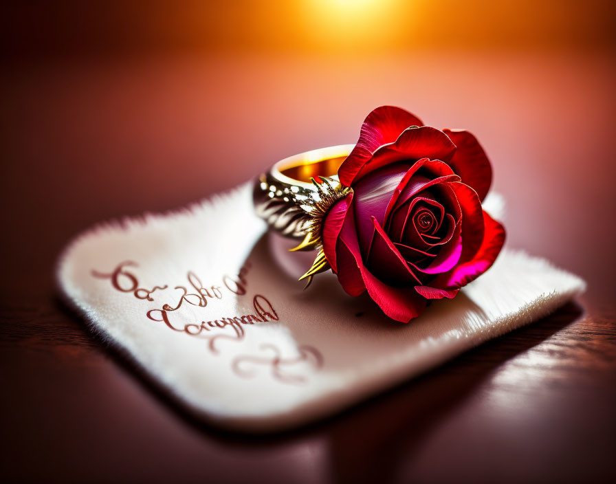 Red Rose, Gold Ring, White Napkin: Elegant Handwriting on Warm Backdrop