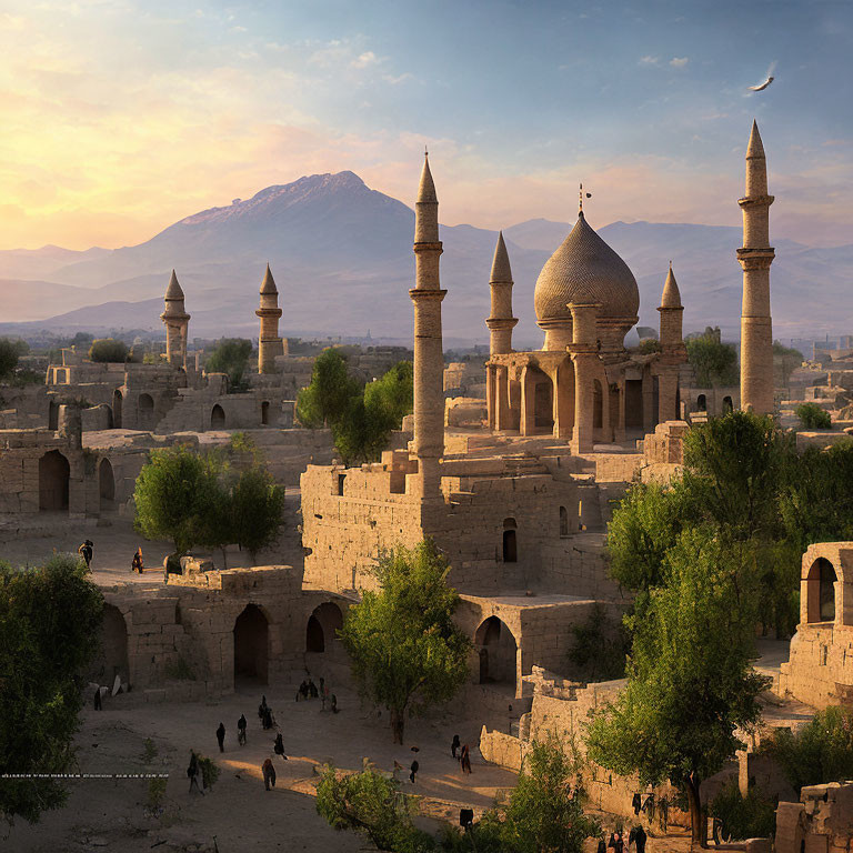 Ancient city with domed buildings and minarets at sunset