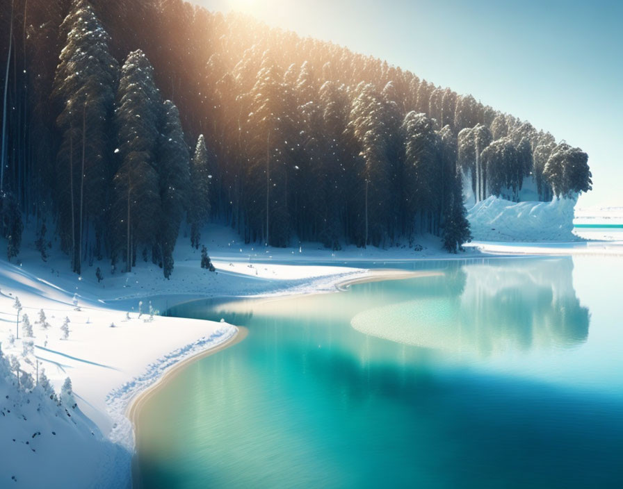 Snowy Landscape with Evergreen Trees by a Serene Lake