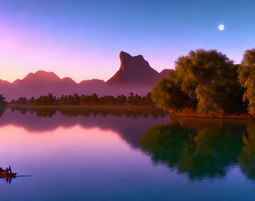 Tranquil twilight scene over lake with mountains, full moon, reflections, and canoeist