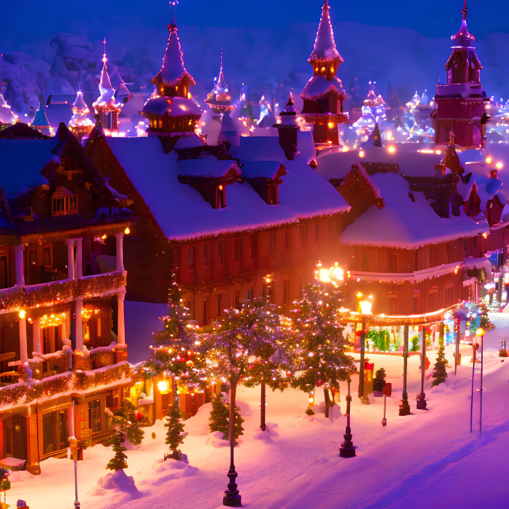 Snow-covered village with festive Christmas lights at twilight
