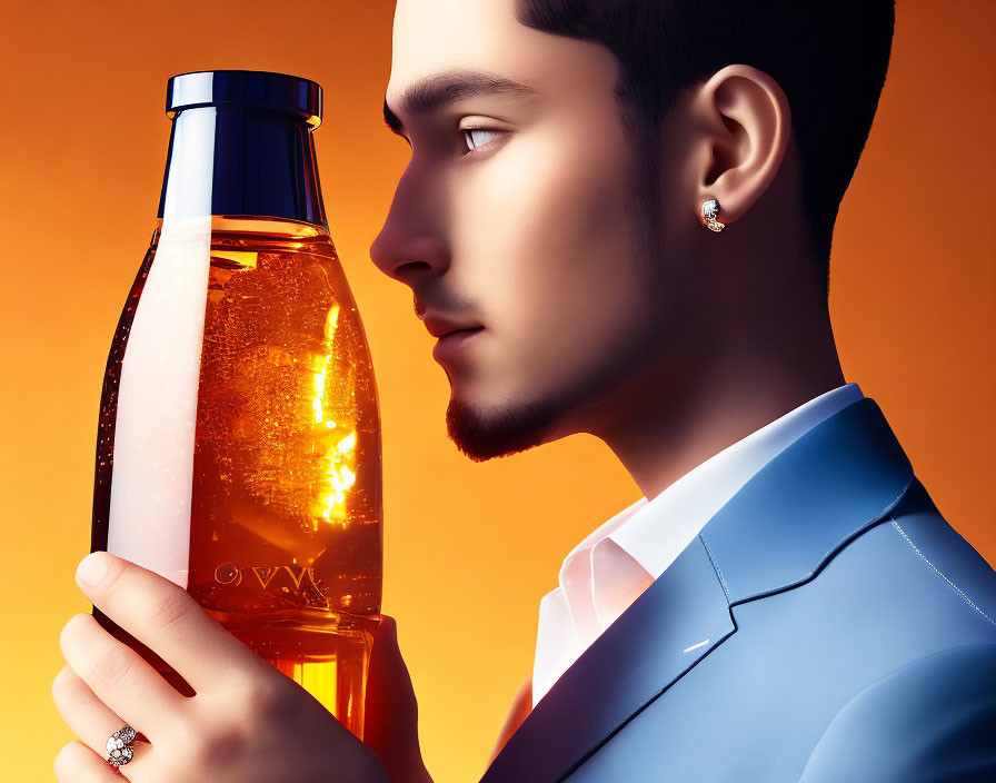 Fashionable man in blue suit with diamond accessories and sparkling water bottle on orange background