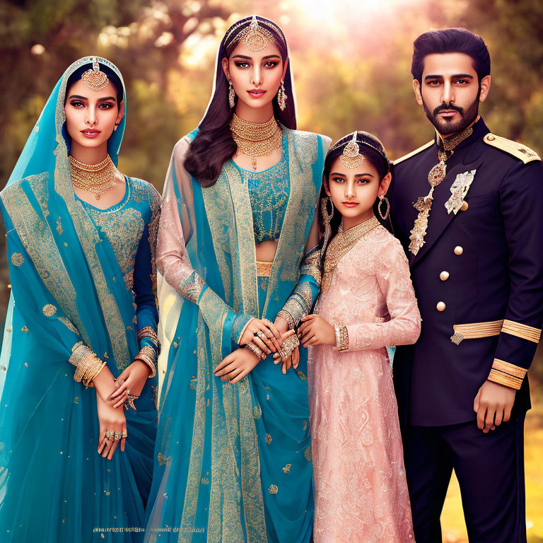 Four elegantly dressed South Asian family members in blue sarees, pink dress, and formal black attire