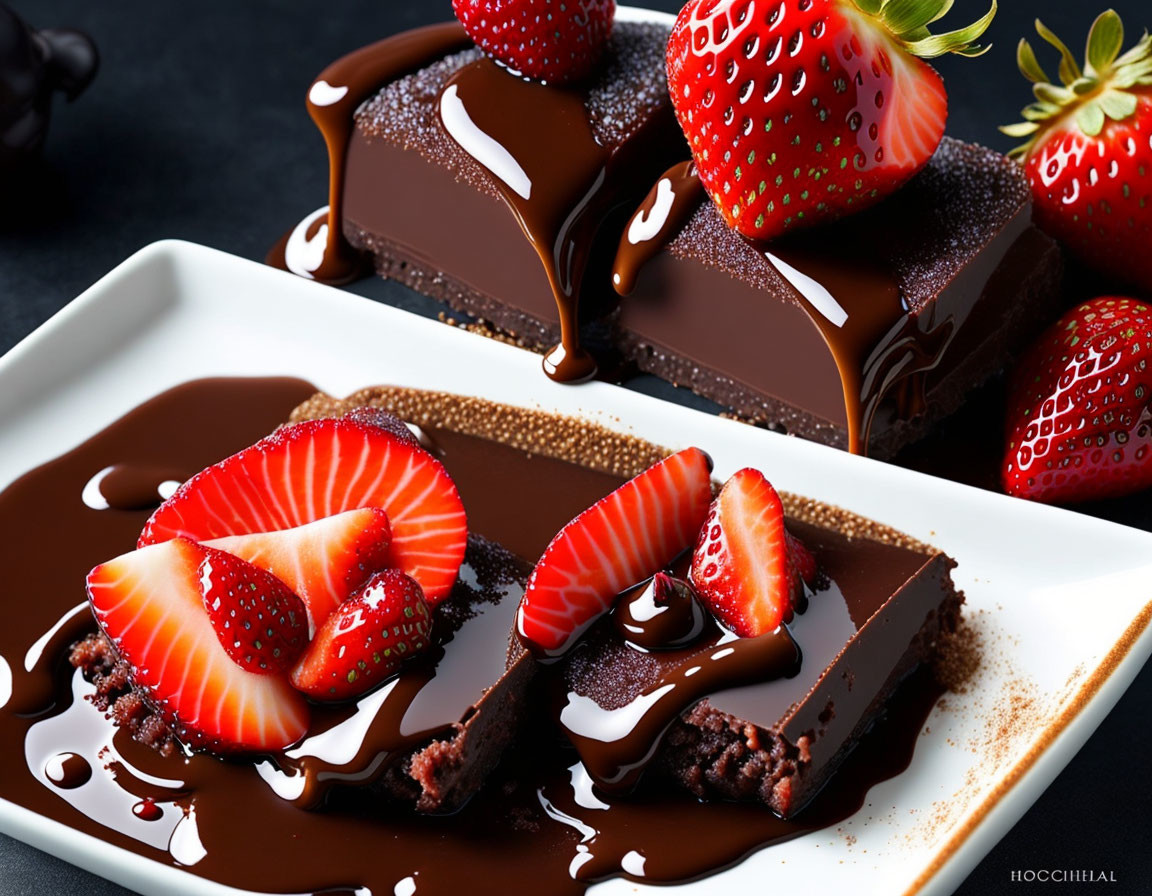 Decadent Chocolate Cake with Glossy Glaze and Fresh Strawberry Slices