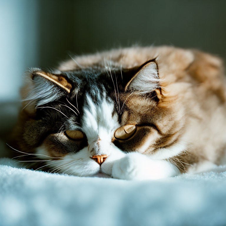 Fluffy striped cat relaxing with eyes half-closed