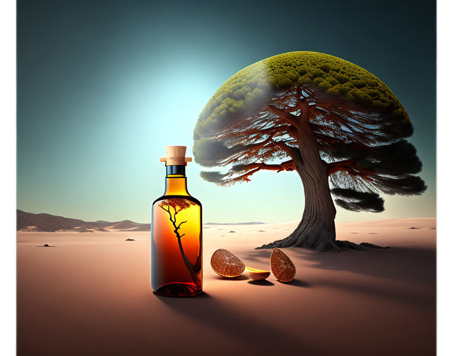 Surreal desert scene with bottle shadow, halved almonds, and massive tree