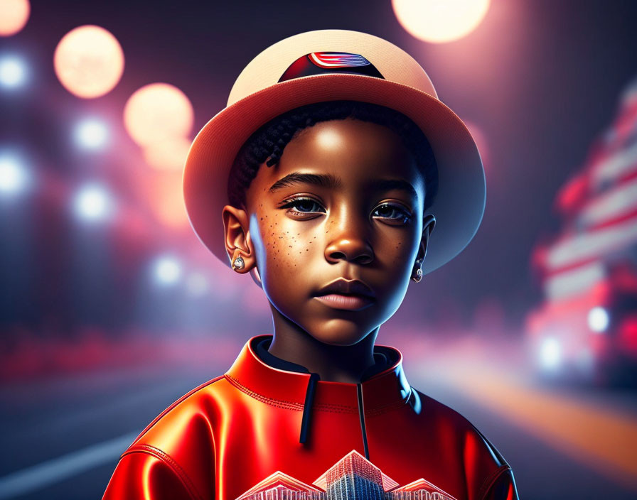 Young Boy in Hat with Red Jacket Against Urban Night Bokeh Background