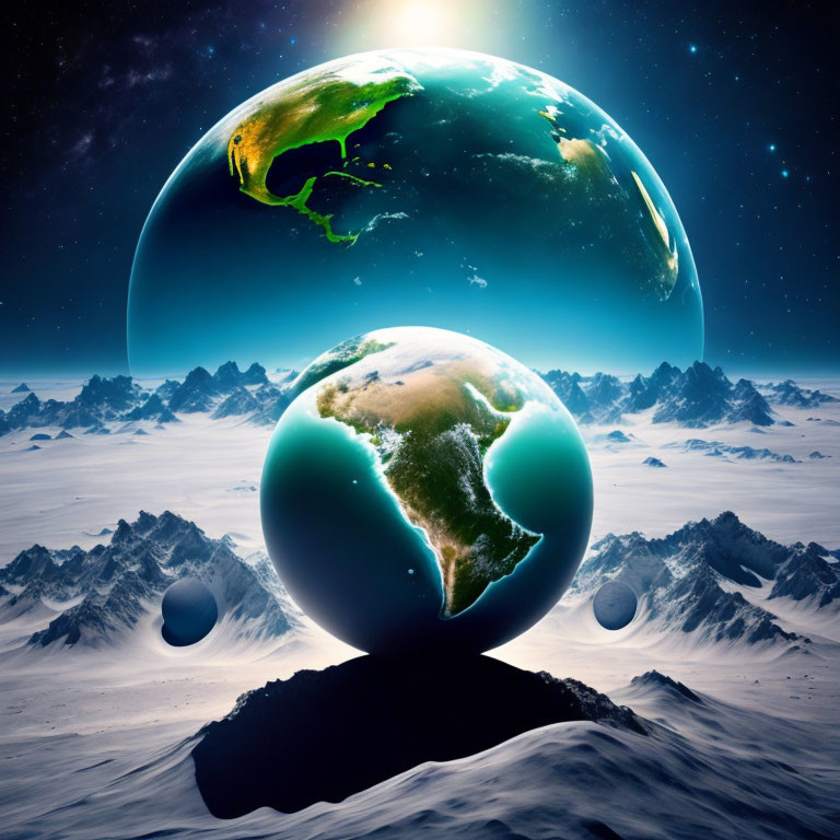 Multiple Earths float above snowy mountains in surreal image