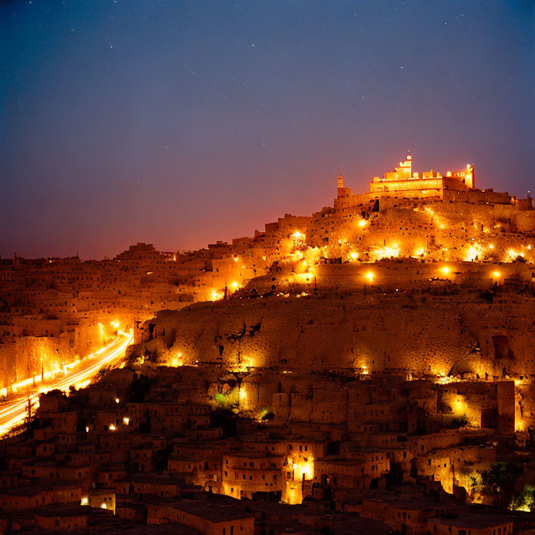 Hilltop fortress illuminated at night overlooking cityscape