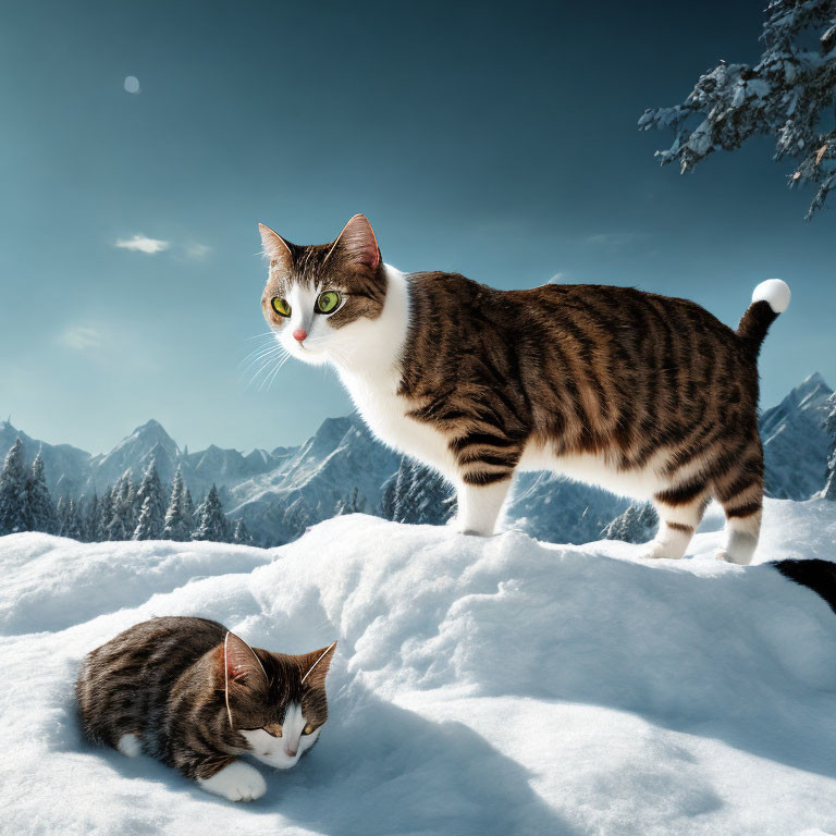 Two cats in snowy landscape with pine trees and mountains.