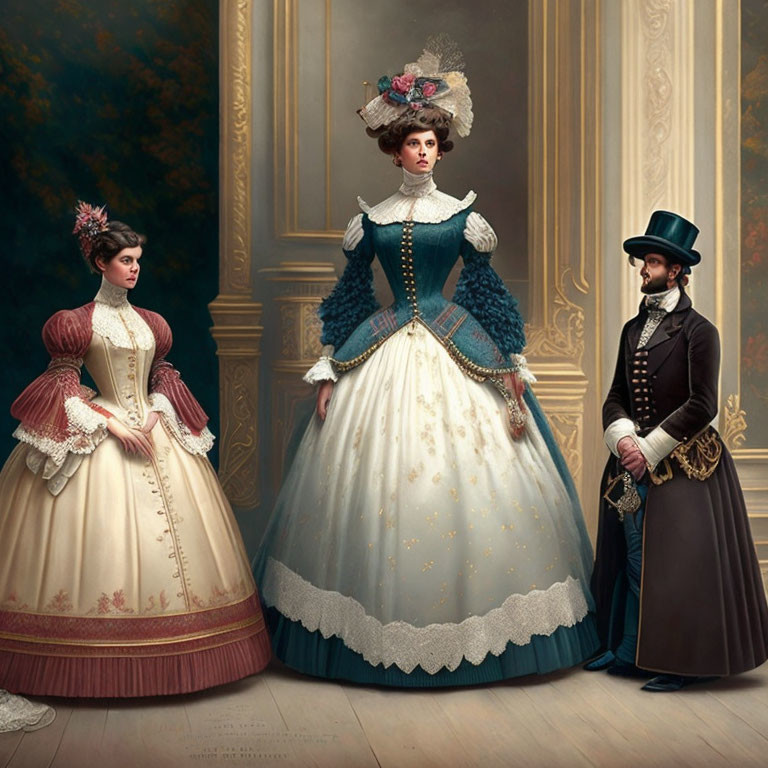 Victorian-era portrait with two women in elaborate gowns and a man in a tailcoat.