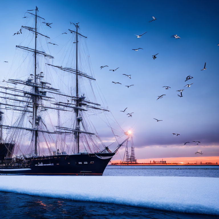 Snowy Pier: Tall Ship, Seagulls, Dusk Sky