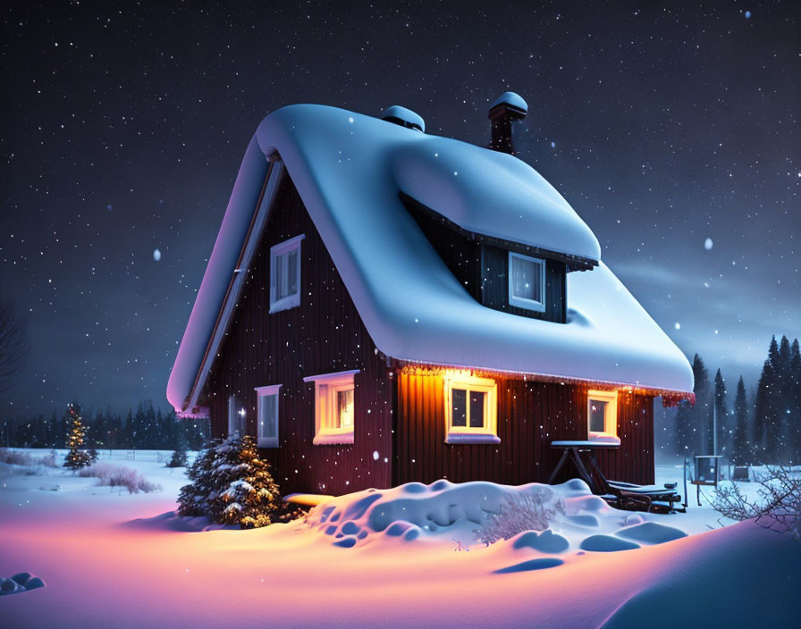 Snow-covered cabin at night with warm lights under starry sky