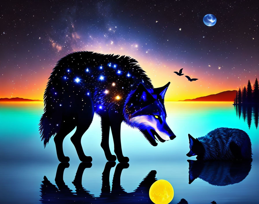 Cosmic wolf silhouette by lake under twilight sky