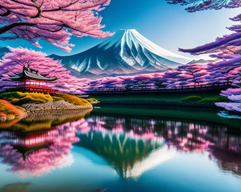 Scenic Mount Fuji with cherry blossoms, reflecting lake, and pagoda.