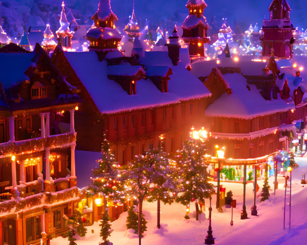Snow-covered village with festive Christmas lights at twilight