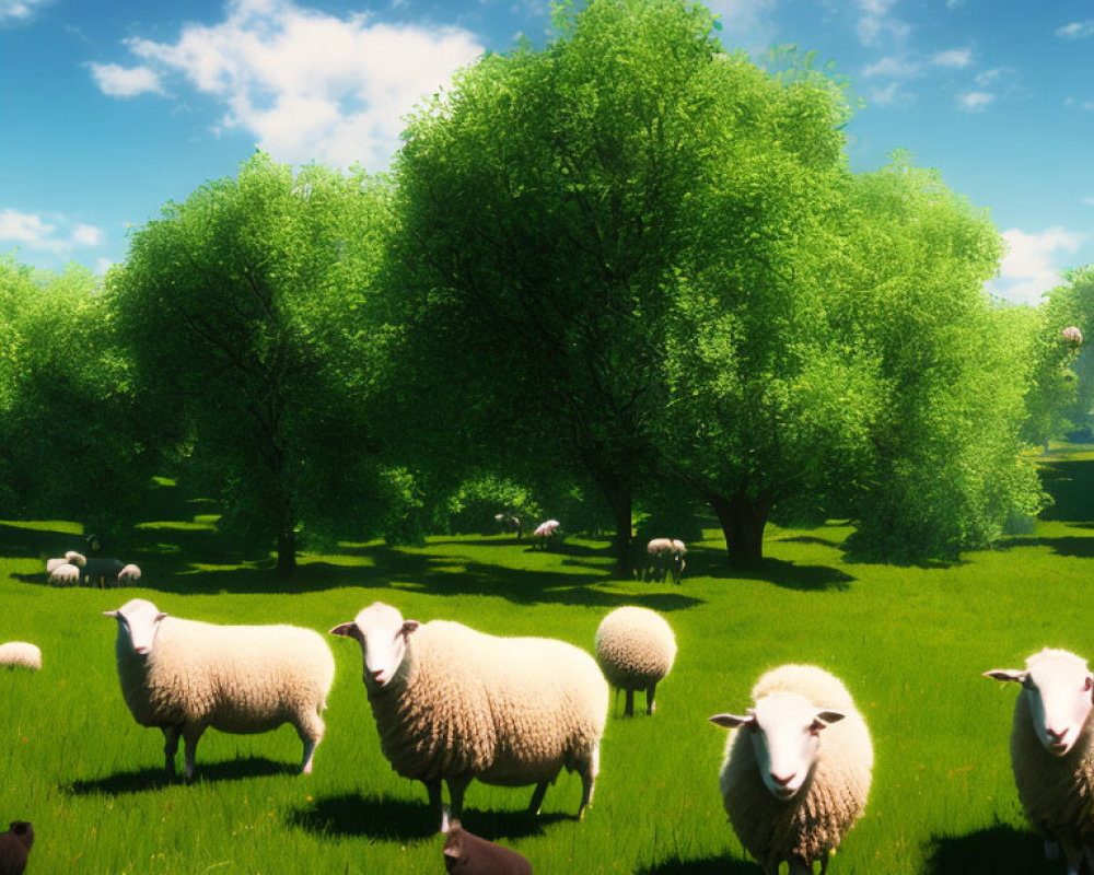 Sheep grazing in sunny green meadow with trees and blue sky