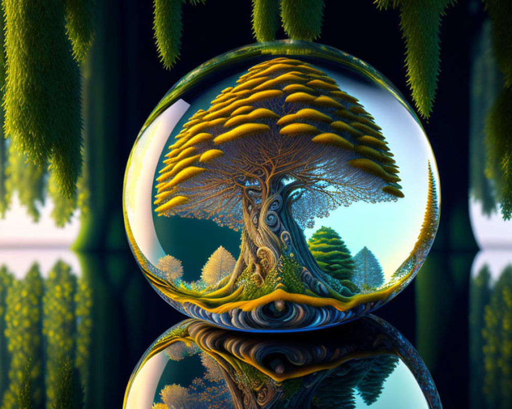 Colorful tree in transparent sphere on shiny surface with greenery backdrop