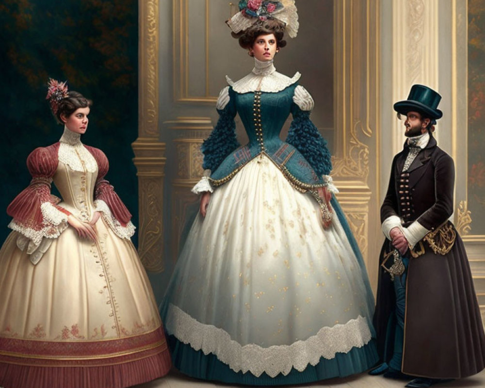 Victorian-era portrait with two women in elaborate gowns and a man in a tailcoat.