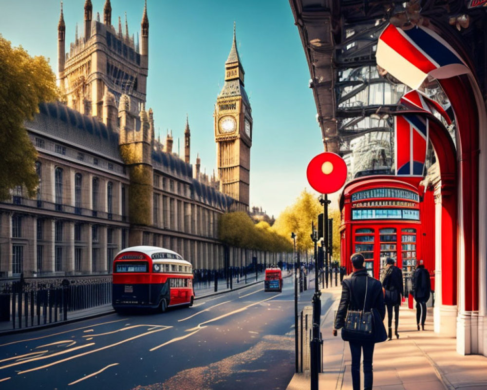 Iconic Big Ben, red double-decker bus, and phone booth in urban scene
