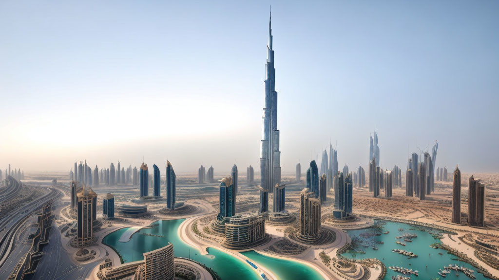 Urban skyline with Burj Khalifa and skyscrapers in Dubai.