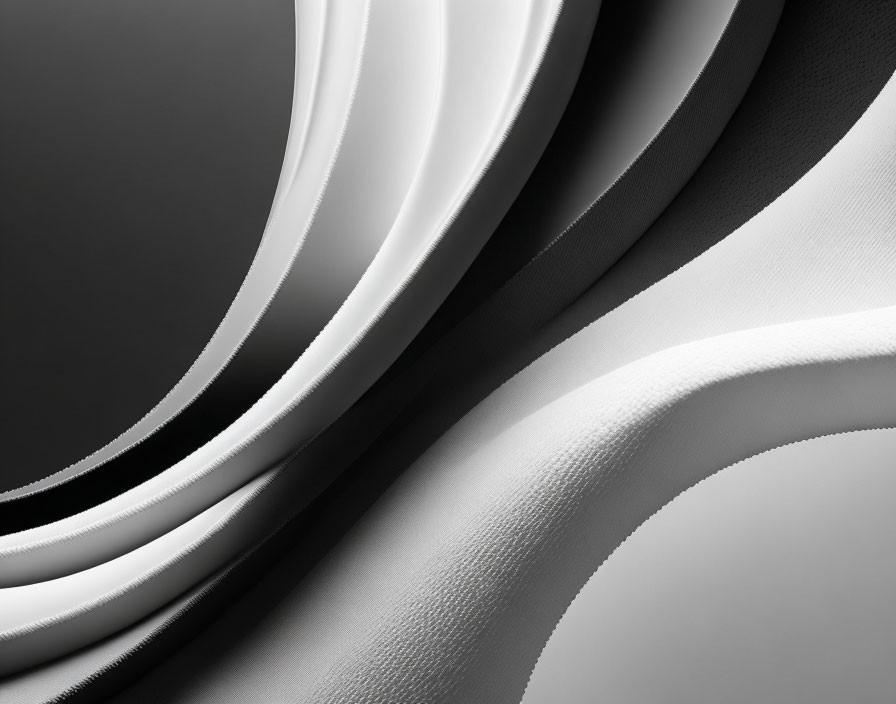 Monochrome abstract art: dynamic curved shapes and lines in black, white, and gray.