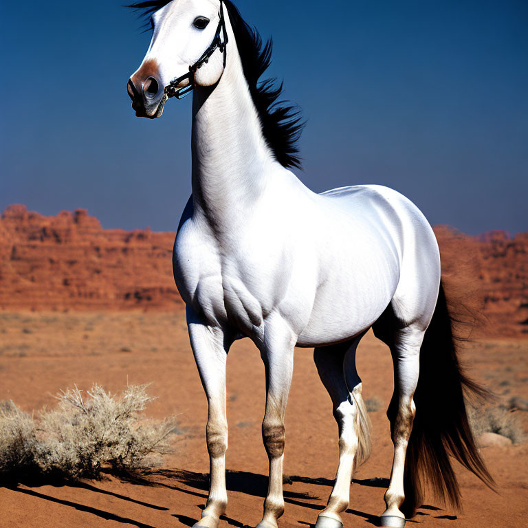 White horse with flowing mane in desert landscape with red rock formations