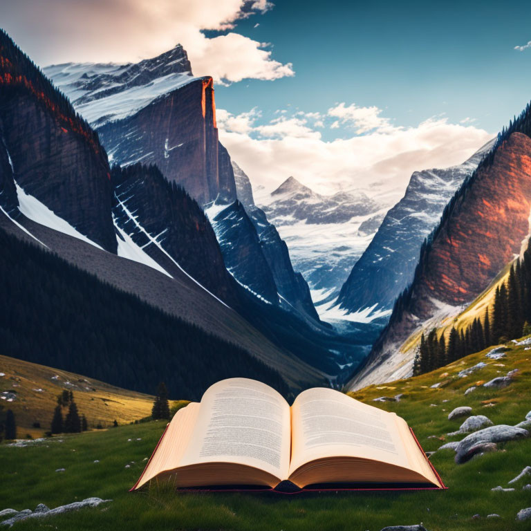 Open book on grass with mountain backdrop and alpine glow symbolizing adventure and knowledge.