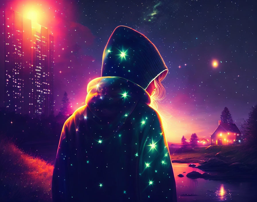 Hooded Figure Under Starry Sky with Cityscape and Cozy House