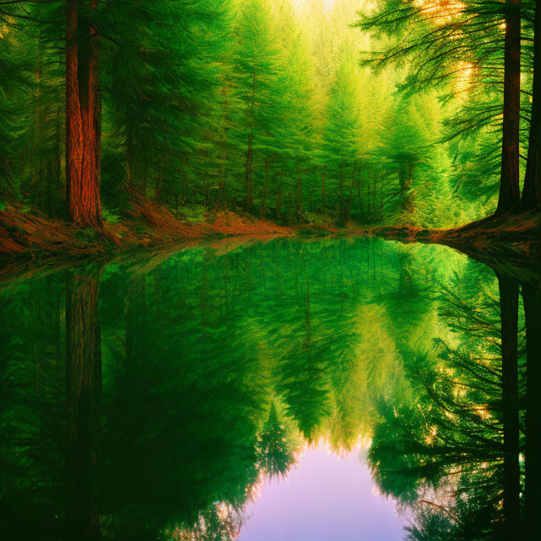 Tranquil pine forest reflected in serene water