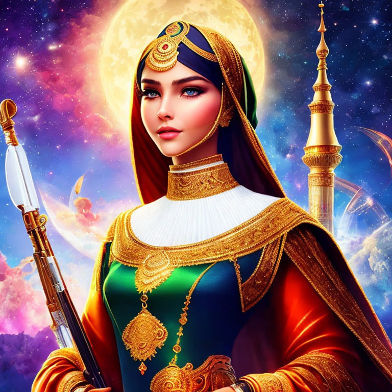 Vibrant traditional portrait of a woman in cosmic setting