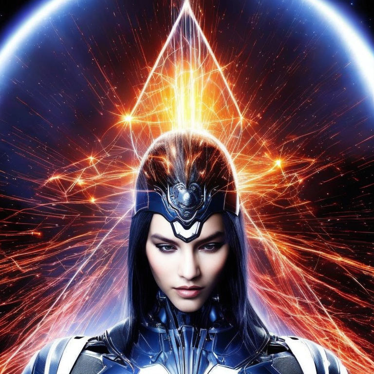 Futuristic digital artwork of woman in armor with blue eyes and cosmic background