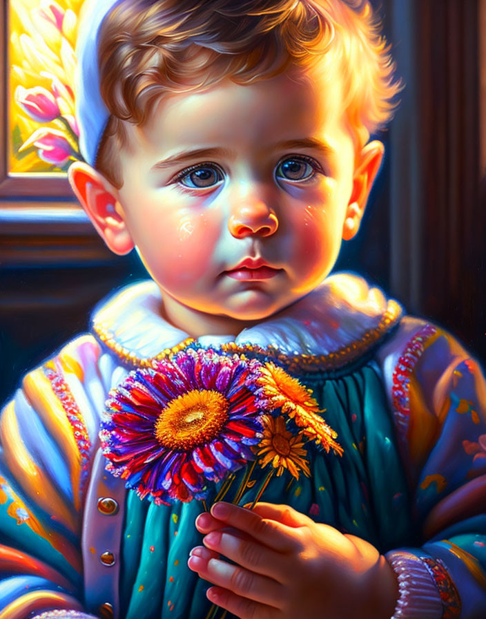 Detailed Portrait of Toddler Holding Colorful Bouquet