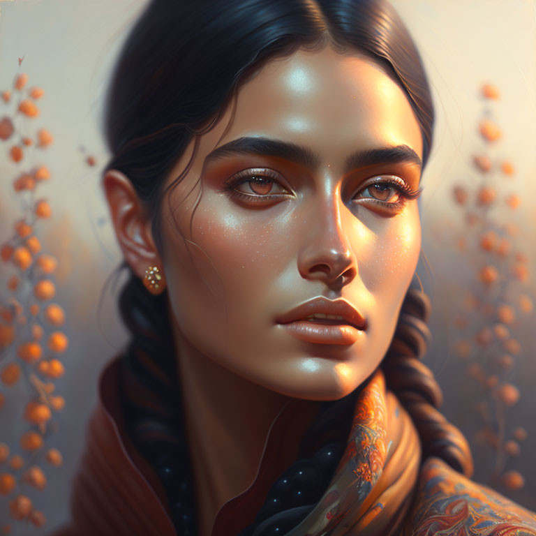 Portrait of a woman with striking eyes and autumn makeup, featuring berries and warm tones.