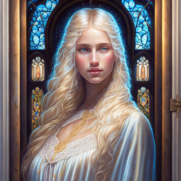 Digital artwork: Woman with long blonde hair and blue eyes in gothic window setting