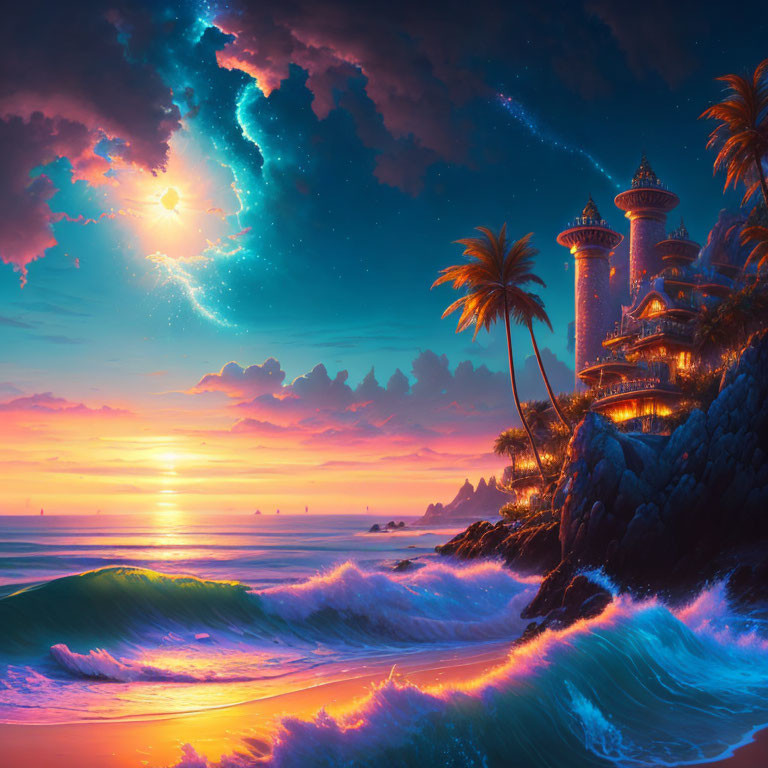 Fantasy landscape with castle, palm trees, crashing waves, and starry sky.